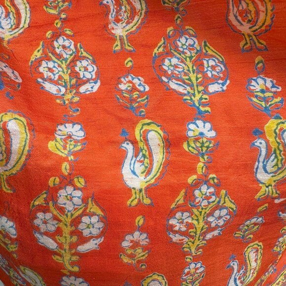 Vintage Vibrant Orange Silk Paisley Peacock Rooster Floral Design Square Scarf - Picture 3 of 6